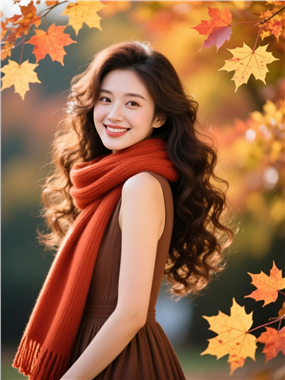 秋季白皙长卷发美女写真摄影图片